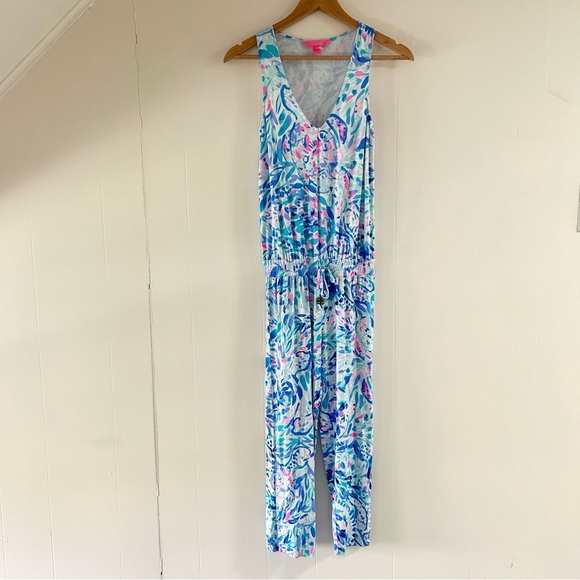 Lilly Pulitzer Paulina Drawstring Jumpsuit in Breakwater Tint Party‎ Wave sz XXS - Picture 3 of 5
